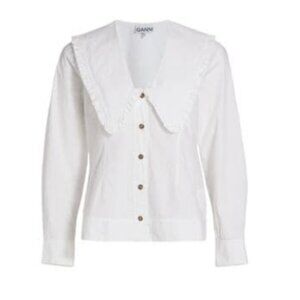 Ganni White Ruffled Collar Blouse
